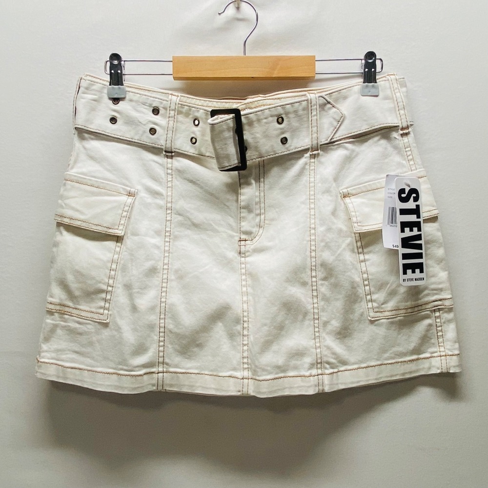 Steve Madden Denim Stevie Skirt Women's Medium Cream Ecru Belt Utility Mini NWT